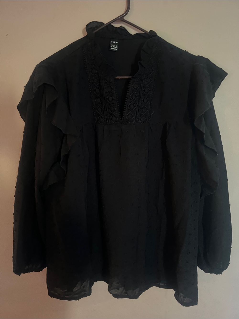 SHEIN Black Ruffle Swiss Dot V-Neck Blouse